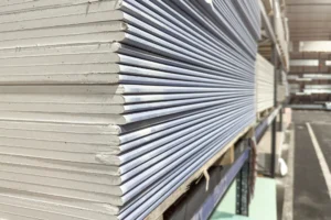 Stacked drywall sheets representing drywall recycling and disposal for Ontario homeowners and contractors.