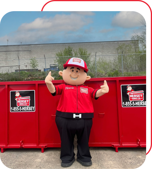 Hersey Bins mascot in front of red roll-off dumpster bins for waste management and cleanup projects.