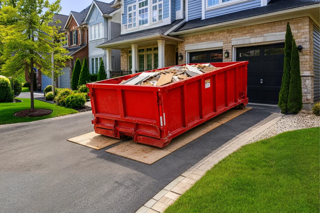 Construction waste disposal bin on a driveway with driveway protection boards in Southwestern Ontario